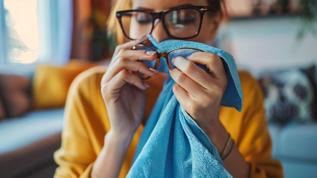 Photo woman wiping glasses with microfiber cloth at home