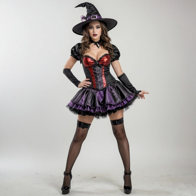 a woman in a witch costume poses for a photo