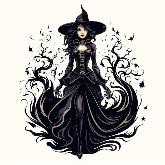 Woman in witch costume with hat on her head Generative AI