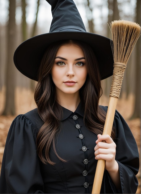 Photo a woman in a witch hat holds a broom