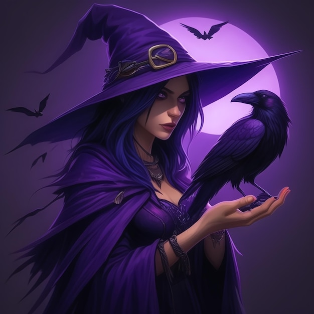 a woman in a witch hat holds a crow with a purple hat