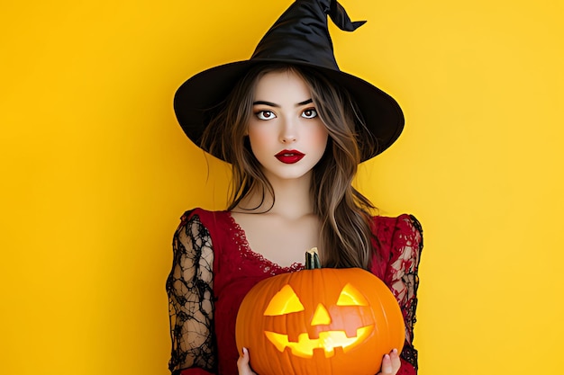 Photo a woman in a witch hat holds a pumpkin with a pumpkin on the top