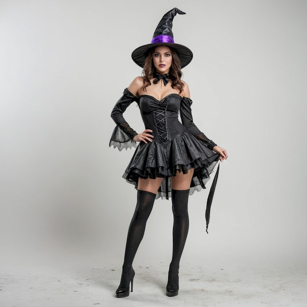 Photo a woman in a witch hat poses in front of a gray background