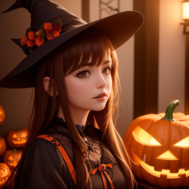 A woman in a witch hat and a pumpkin