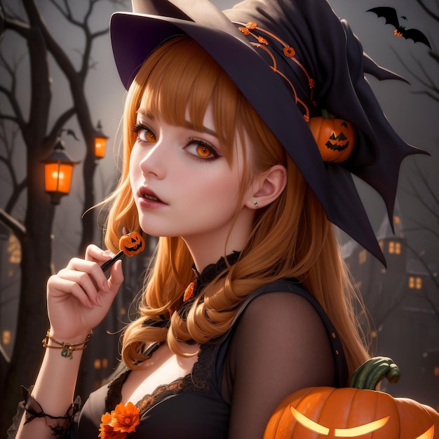 A woman in a witch hat and a pumpkin