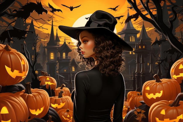 a woman in a witch hat surrounded by pumpkins