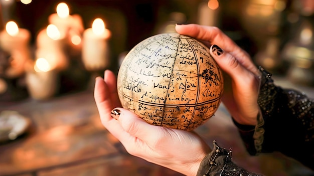 Photo woman in witchy academia style holding engraved earth ball by candles