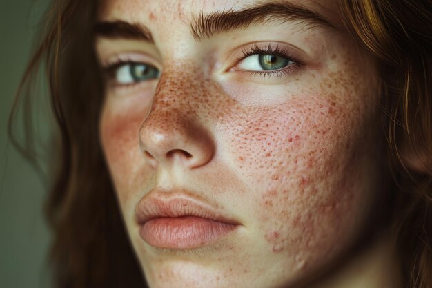 Photo woman with acne on her face she has a blue eye the skin on her face is red and bumpy