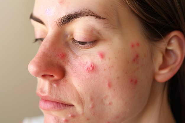 a woman with acne on her face and the word acne on her face