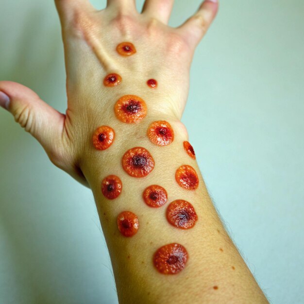 Photo a woman with acne marks on her arm and a hand that saysacneon it