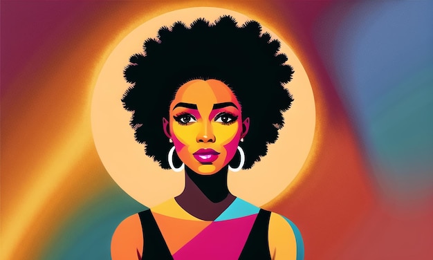 A woman with an afro hairstyle and a colorful background.