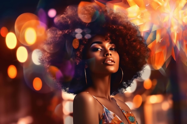 A woman with a afro hairstyle stands in front of a colorful background.