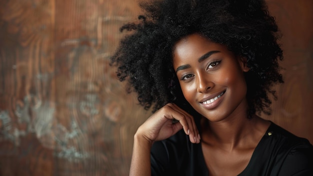 a woman with a afro sits on a wooden background