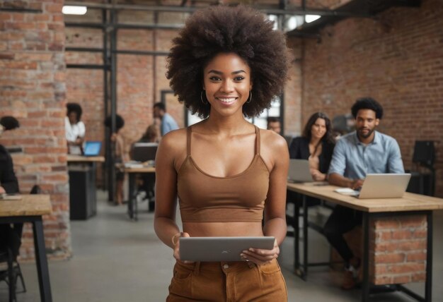 A woman with an afro smiling and holding a tablet she is standing in an office setting with