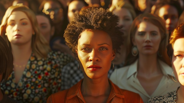 a woman with a afro stands in front of a group of women