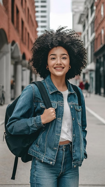 a woman with a afro walks down a street