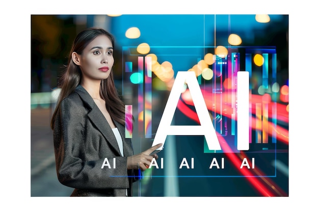 Photo woman with ai logo symbolizing the integration of artificial intelligence in modern identity and d