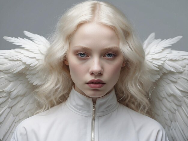 a woman with angel wings and a white jacket