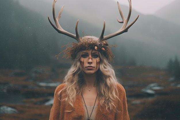 a woman with antlers on her head