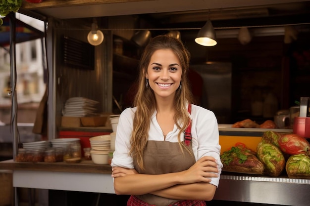 a woman with a apron that says  shes a chef