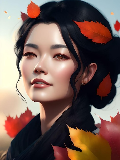 A woman with autumn leaves on her hair