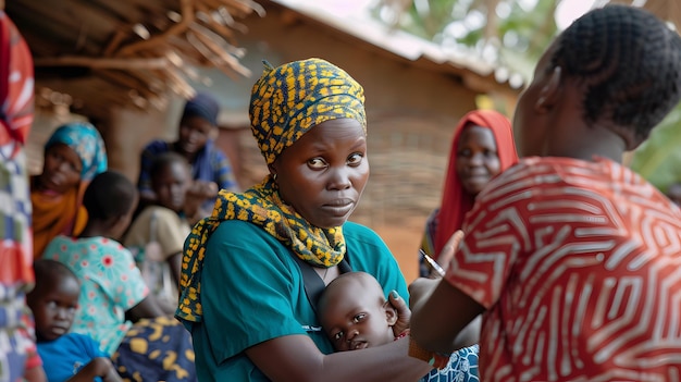 a woman with a baby on her shoulder and a woman with a scarf around her neck