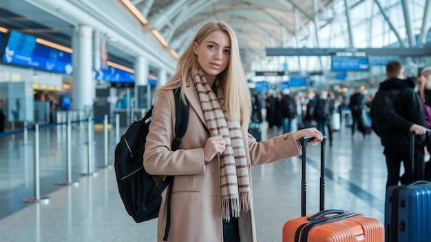 Photo a woman with a backpack and a backpack stands in an airport