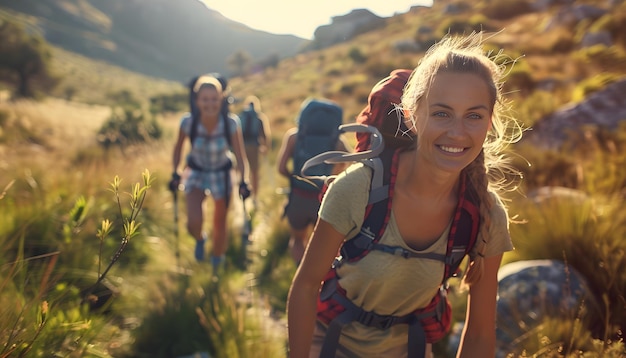 Photo a woman with a backpack and a backpack walking through a mountain