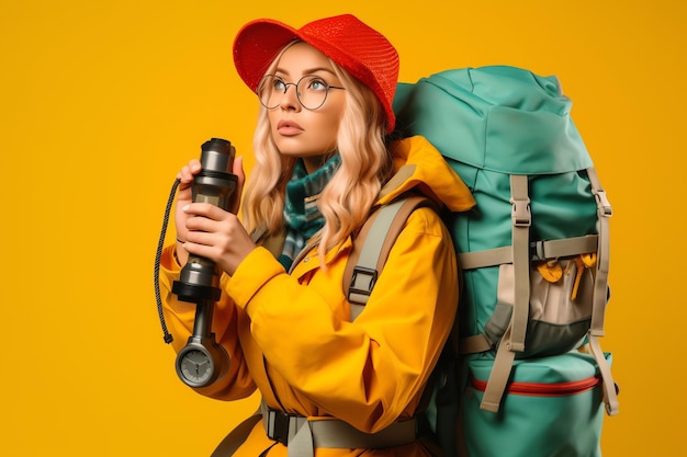 A woman with a backpack and binoculars stands on a yellow background.