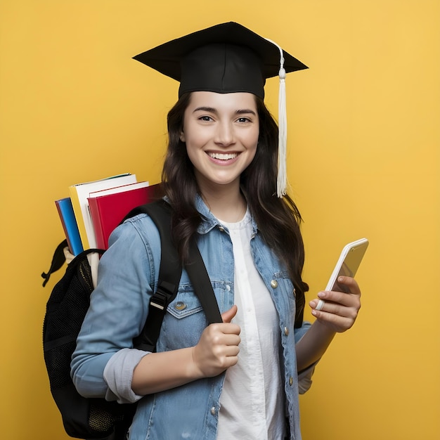 a woman with a backpack and a book on her shoulder