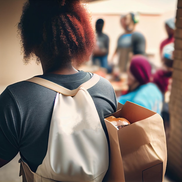 A woman with a backpack and a box of food