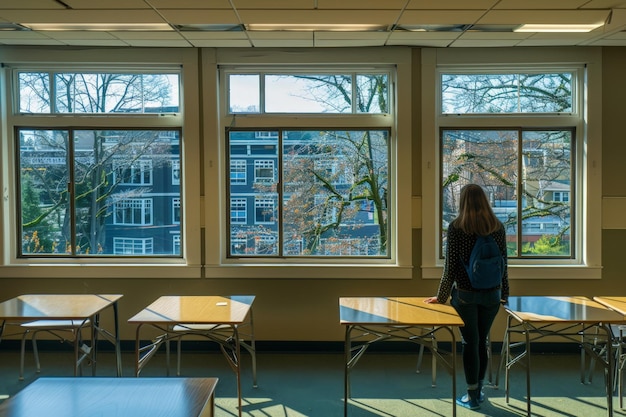 Photo woman with a backpack gazing out of a classroom window