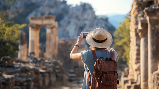 Photo a woman with a backpack and hat taking photos of ancient ruins