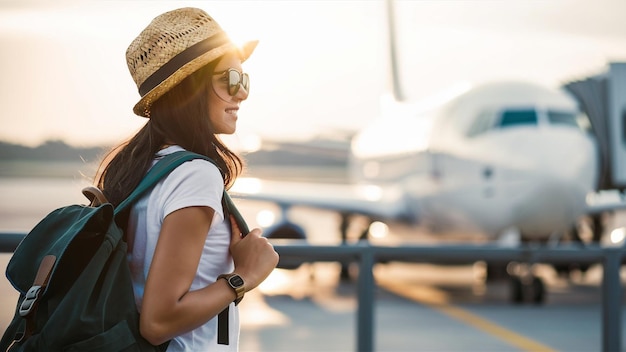 a woman with a backpack and a hat with a backpack on her shoulder stands in front of an airplane