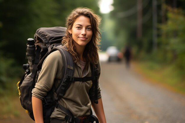 Photo a woman with a backpack on her back stands in the woods