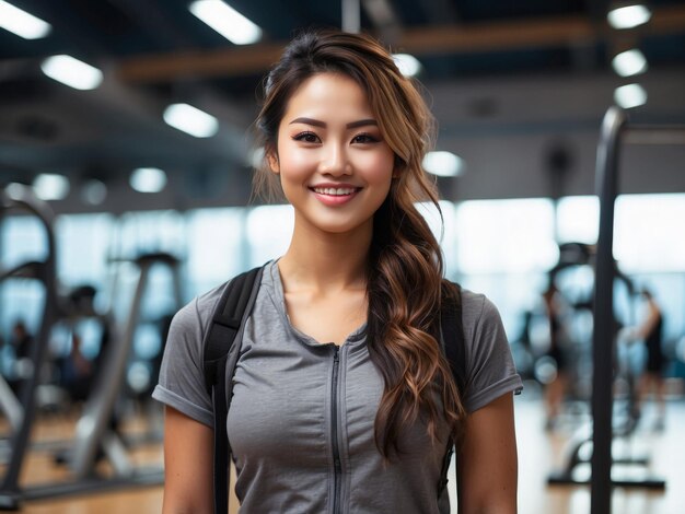 a woman with a backpack on her shoulder stands in front of a gym