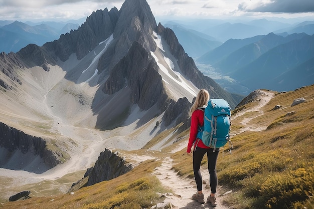 Woman with backpack hiking towards mountain top