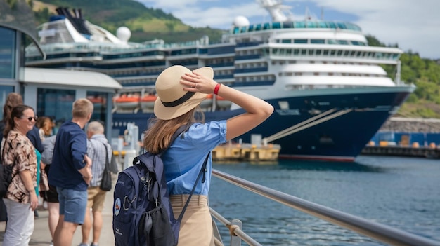 a woman with a backpack is looking at a cruise ship