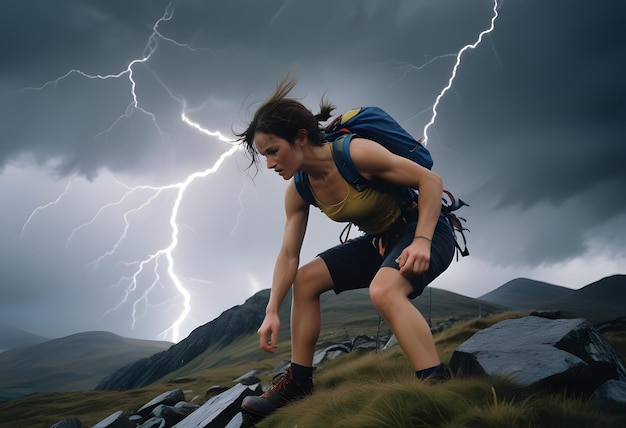 a woman with a backpack is running on a hill with lightning in the background