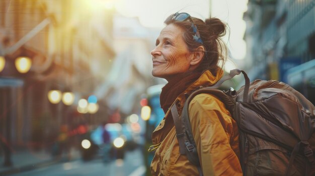 Photo a woman with a backpack is smiling and looking up at the sky