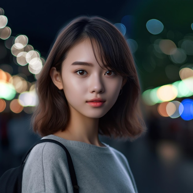 A woman with a backpack is standing in front of a blurred background.