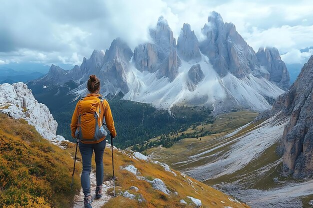 Photo a woman with a backpack is walking up a mountain with mountains in the background