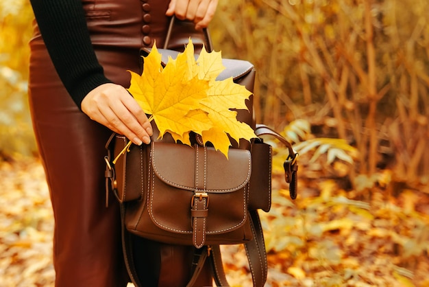 Woman with backpack and leaves in her hand bouquet of autumn yellow leaves stylish woman in a burgun...