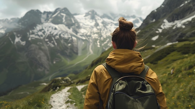 Photo a woman with a backpack looking at the mountains