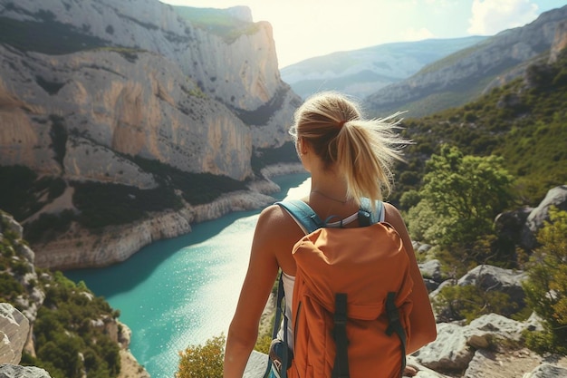 Photo a woman with a backpack looking out over a river