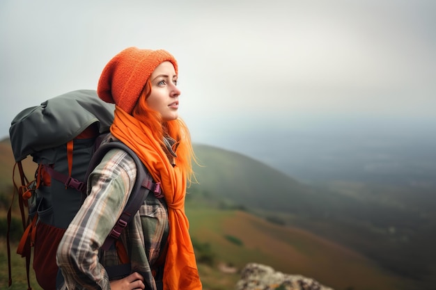 A woman with a backpack looks out over a mountain landscape