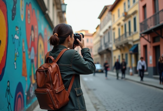 Photo a woman with a backpack photographs a colorful street in a city