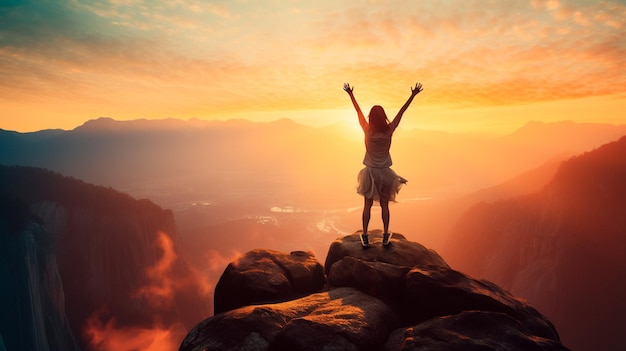 woman with backpack raised hands on mountain peak