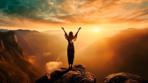 woman with backpack raised hands on mountain peak