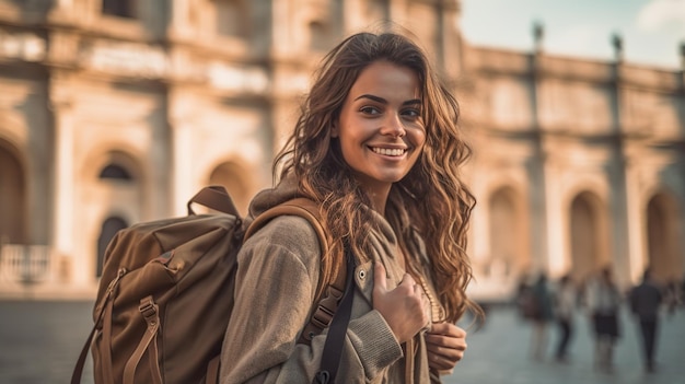 A woman with a backpack smiles at the camera generative ai image